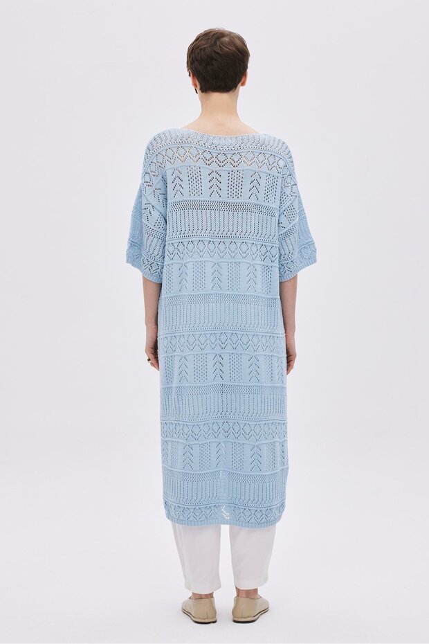 Mavi Ajurlu Oversize Triko Elbise - 5