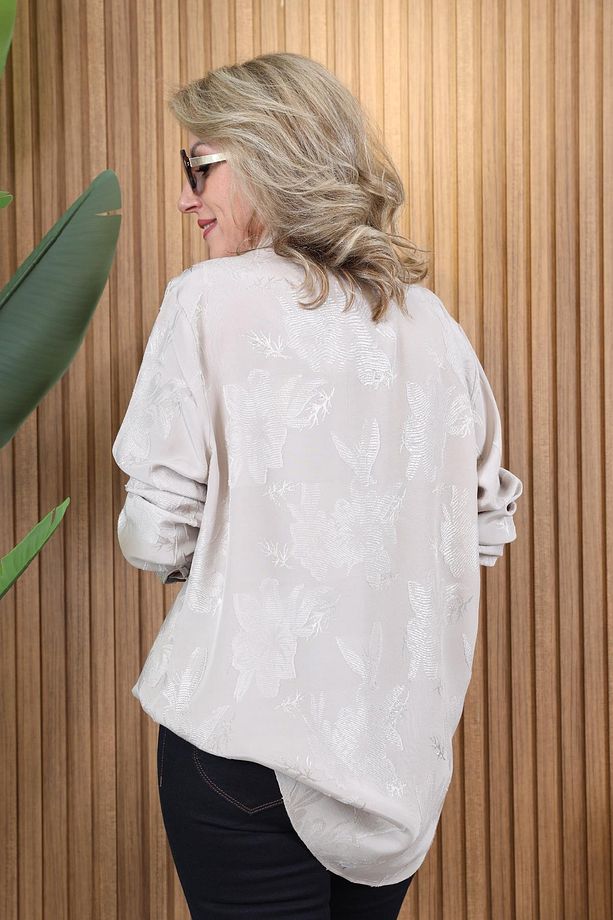 Çiçek Baskı Oversize Bej Gömlek - 8