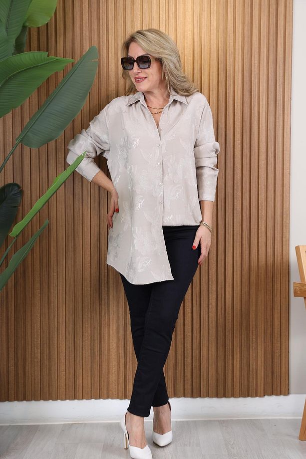 Çiçek Baskı Oversize Bej Gömlek - 3