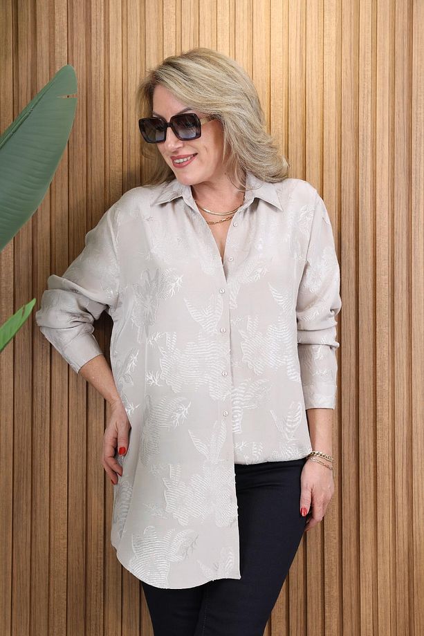 Çiçek Baskı Oversize Bej Gömlek - 1