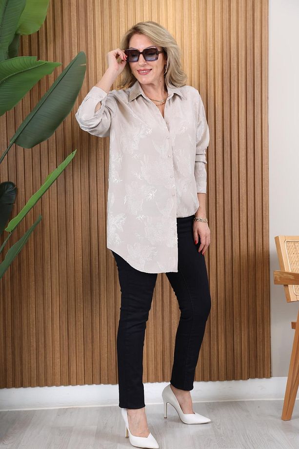 Çiçek Baskı Oversize Bej Gömlek - 6