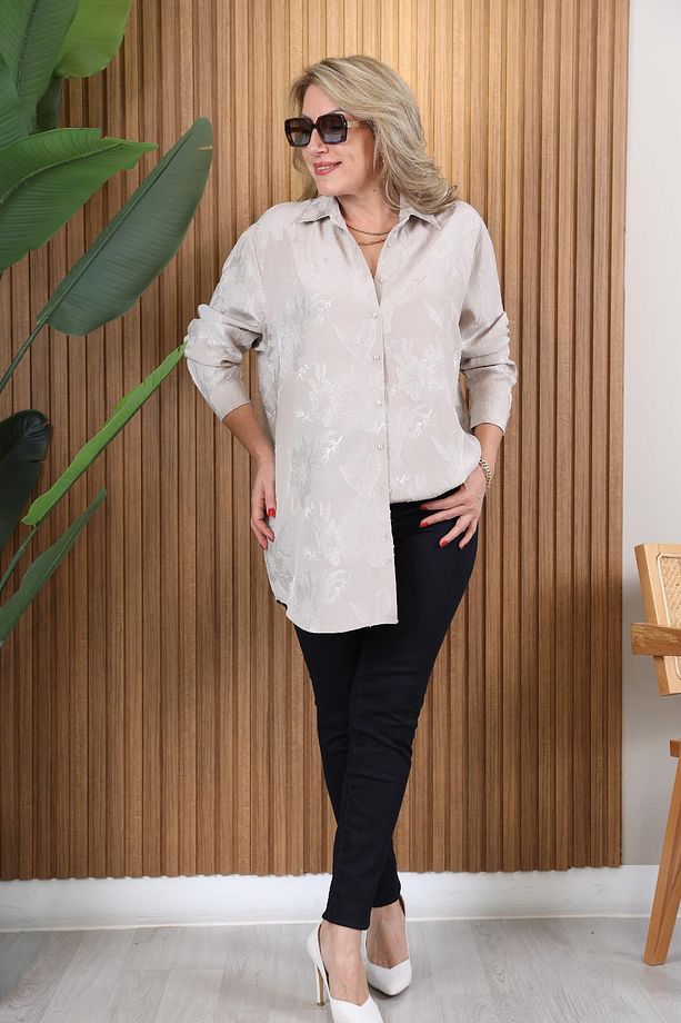 Çiçek Baskı Oversize Bej Gömlek - 5