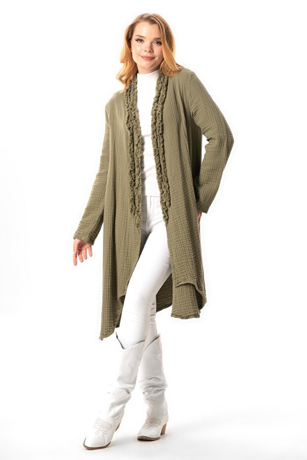 Long Sleeve Gizem Autumn and Winter Asymmetrical Cut Double Muslin Jacket Khaki Hk