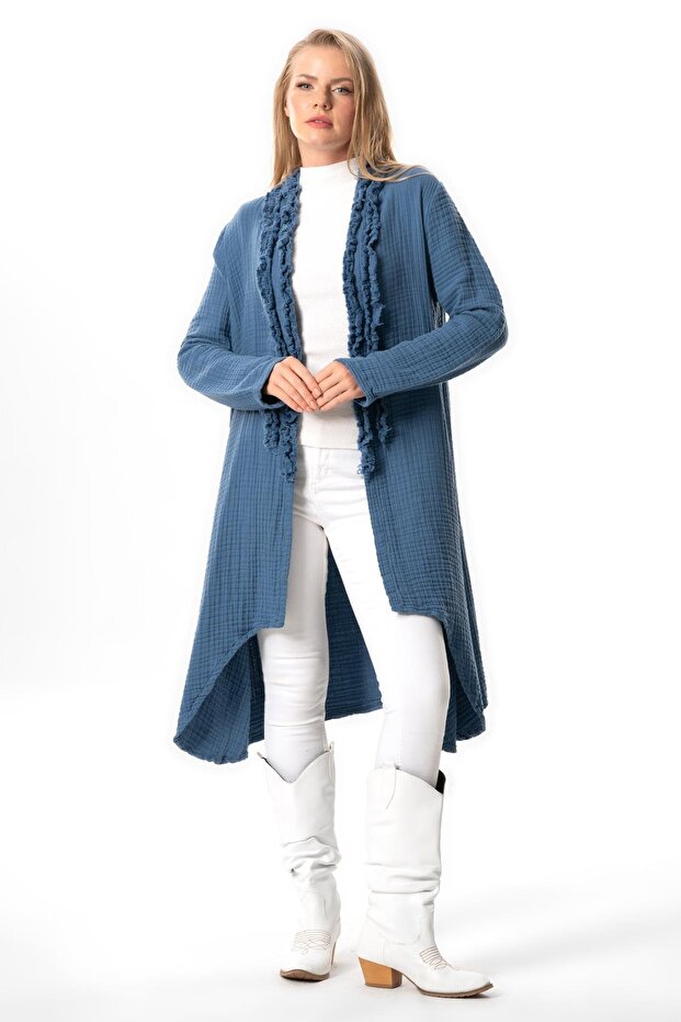 Long Sleeve Mystery Autumn and Winter Asymmetric Cut Double Muslin Jacket Indigo Indg