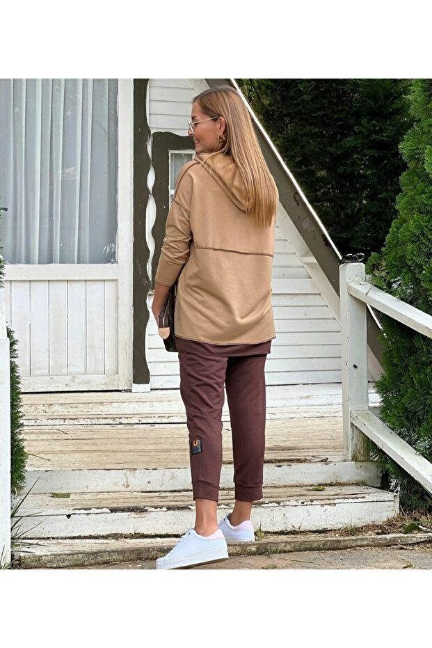 Women's Coffee Hooded Skirt Detail Crest Reverse Stitching Double Suit