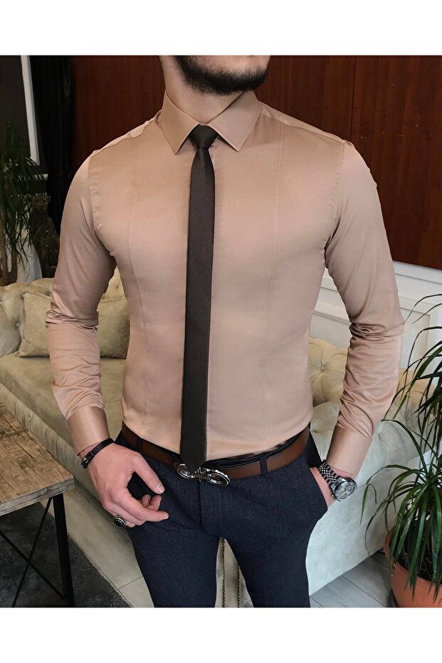 Italian Style Slim Fit Men's Tie Collar Shirt Mink T6820