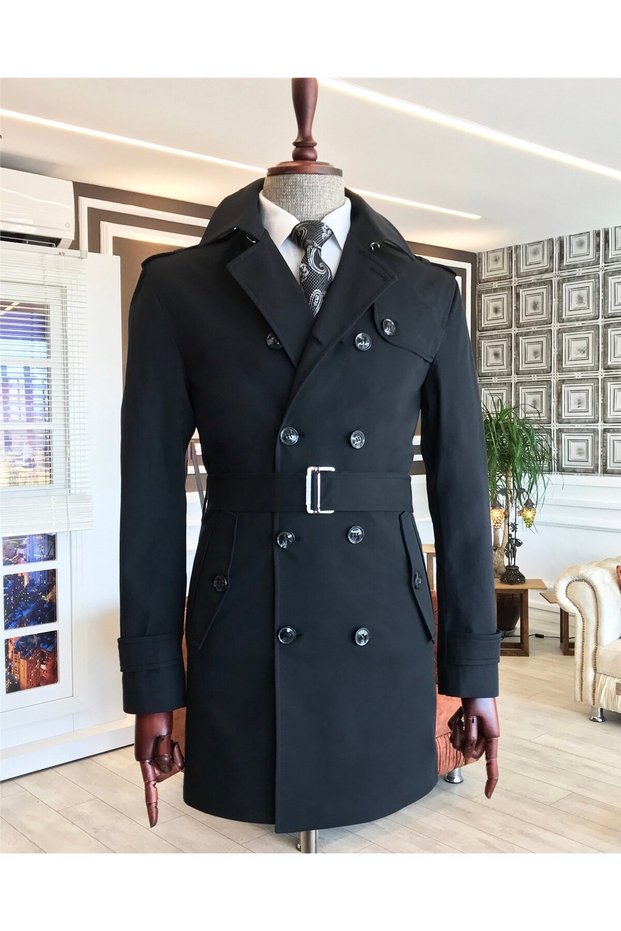 Italian Style Slim Fit Seasonal Men Trench Coat Coats Black T4977