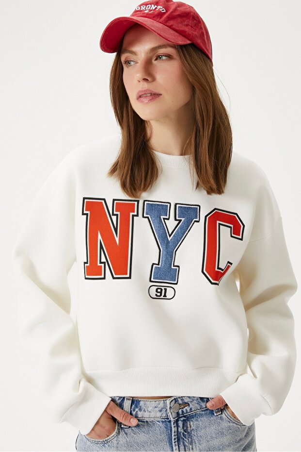 Kadın Cool Ekru Turuncu Şardonlu  Sweatshirt - 4