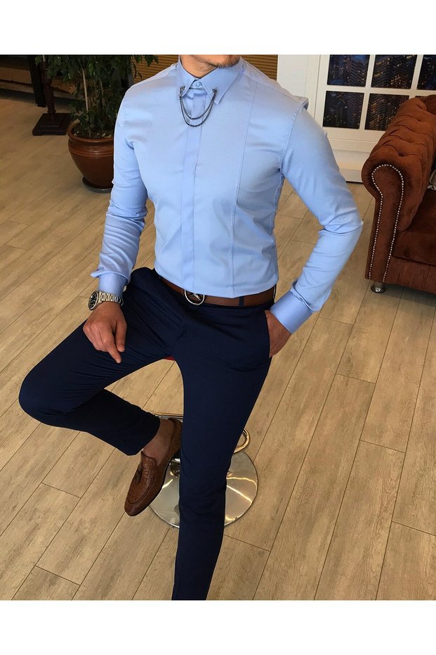 Italian Cut Slim Men's Satin Ice Blue Shirt with Chain T4097