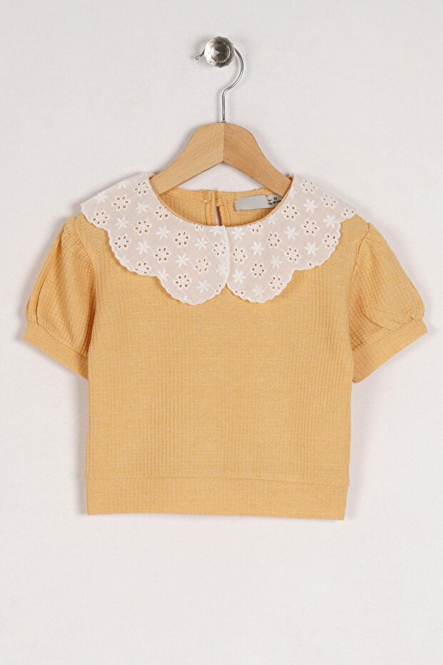 Baby Collar Lace Mini Checkered Mustard Color Girl's Tshirt