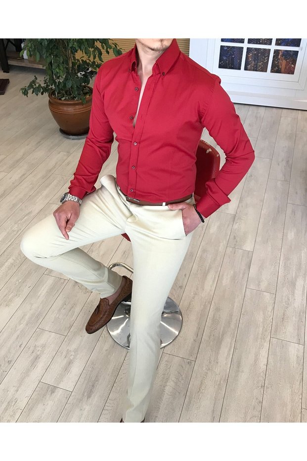 Italian Style Slim Fit Mock Neck Satin Men's Red Shirt T4113