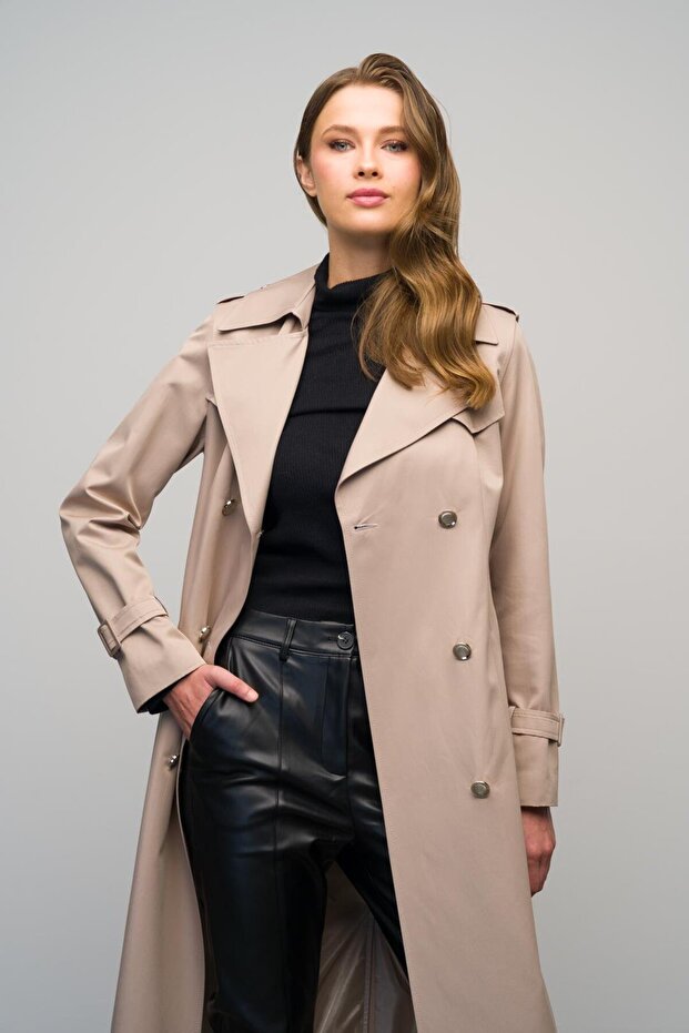 Zweireihiger, mittellanger Trenchcoat – Epaulet- und Cape-Detail, STONE 6617 - 3