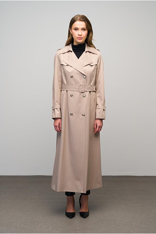 Zweireihiger, mittellanger Trenchcoat – Epaulet- und Cape-Detail, STONE 6617 - 2