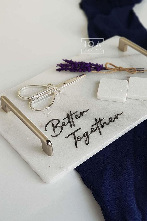 Better Together - Gerçek Ince Mermer Söz/nişan Tepsisi 2 Adet Çıkarılabilir Yüzüklük - Gümüş Kulp - 6