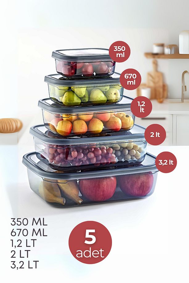 5 Adet Sızdırmaz Saklama Kabı - (350 ML 670 ML 1,2 LT 2 LT 3,2 LT)-derin Dondurucu Ve Mikrodalga - 2