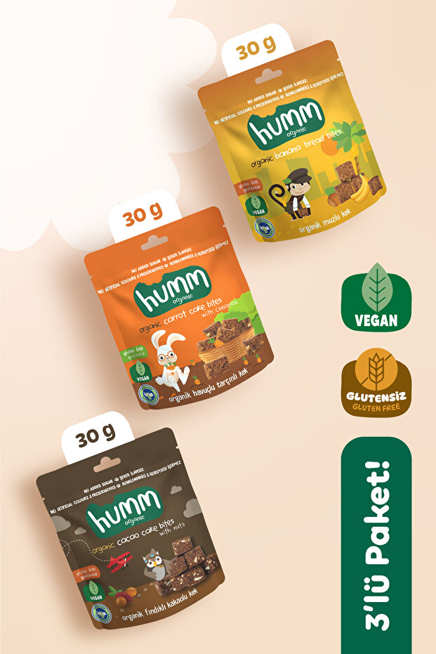 Humm Organic Organik Glutensiz Vegan Kek Atıştırmalık Paketi - 3 Adet (3 ÇEŞİT)