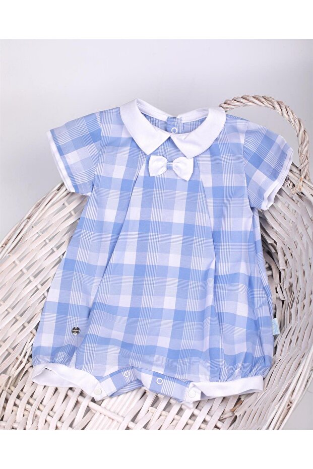 Ekoseli Şort Tulum Mavi - 3