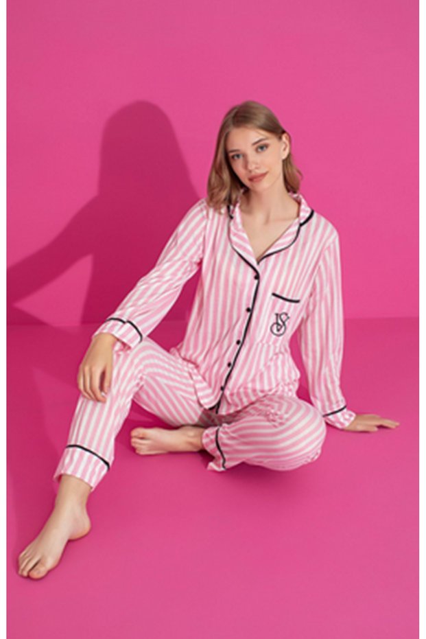 Pink Color Pajama Set, White Striped Seasonal Lycra Long Sleeve Shirt Pajamas