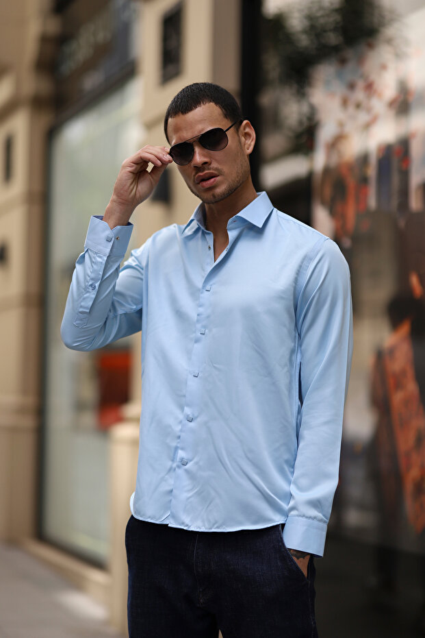 Slim Fit Satin Shirt with Snap Fasteners