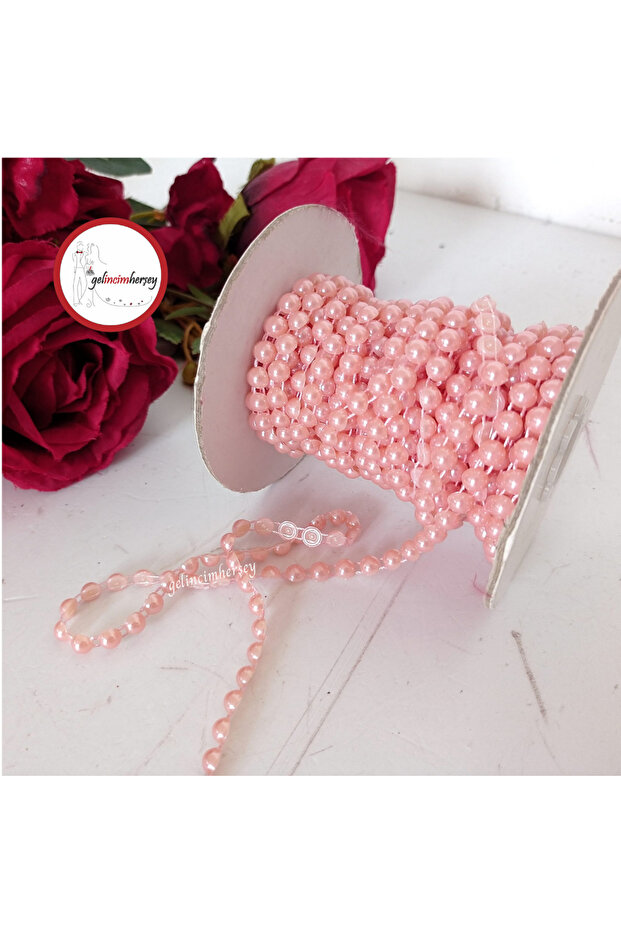 Powder Pink Half Pearl Ribbon Silk Single Row String 4 Meters & 6 mm for Decoration
