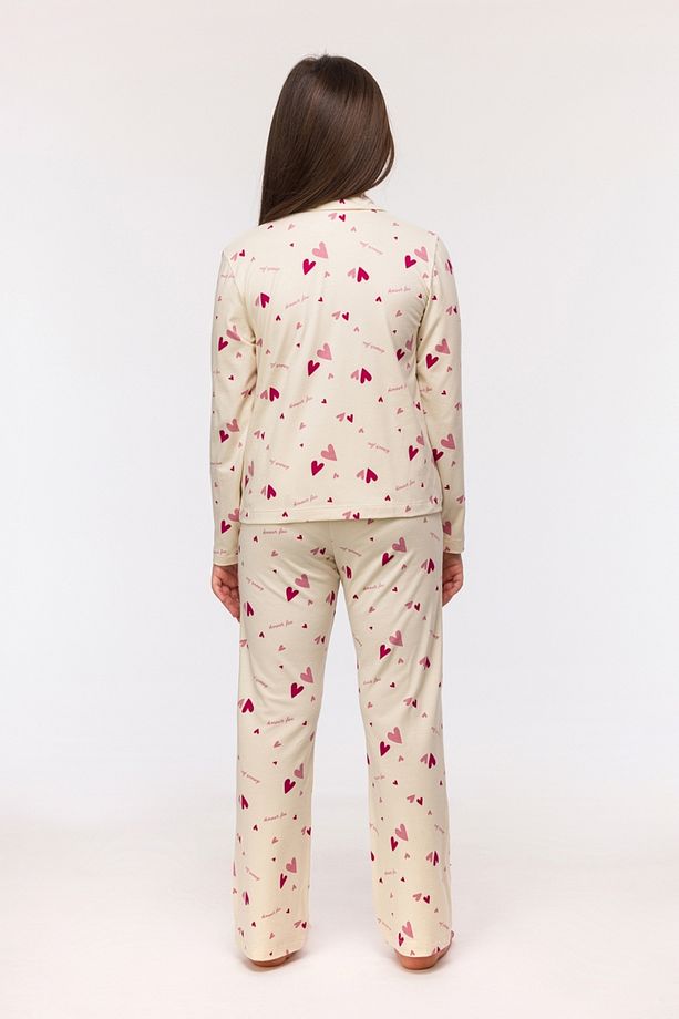 10-16 Yaş Kız Çocuk Pijama-Ypd - 912-Kalp Baskılı Ekru - 1