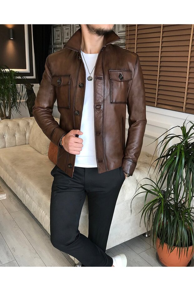 100% original lamb leather jacket coat tobacco T6319