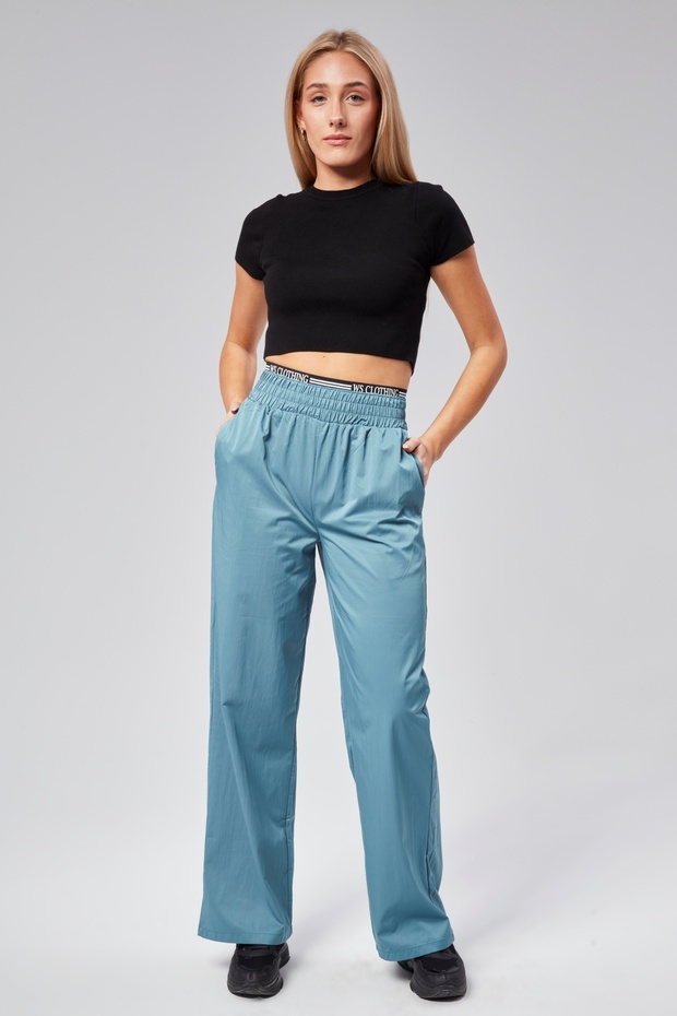 Women's Petrol Blue Elastic Waist Written Print Palazzo Pants