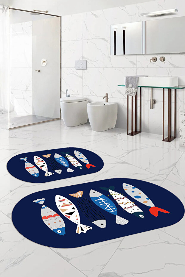 Digital Washable Colorful Fish Pattern Oval Bath Mat Toilet Set