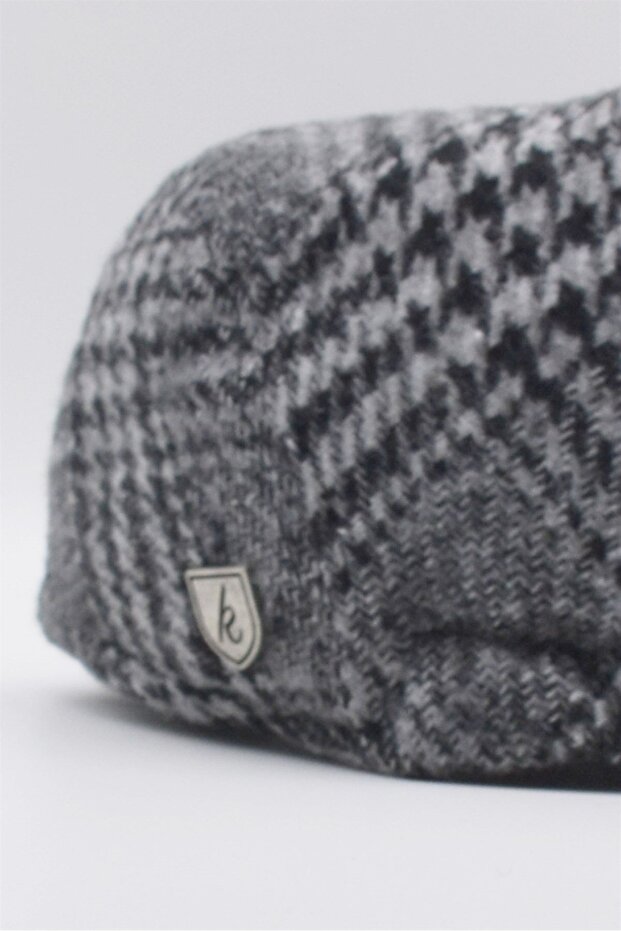Men's Houndstooth Patterned Wool Cap Winter Hat Grey-Black - 3