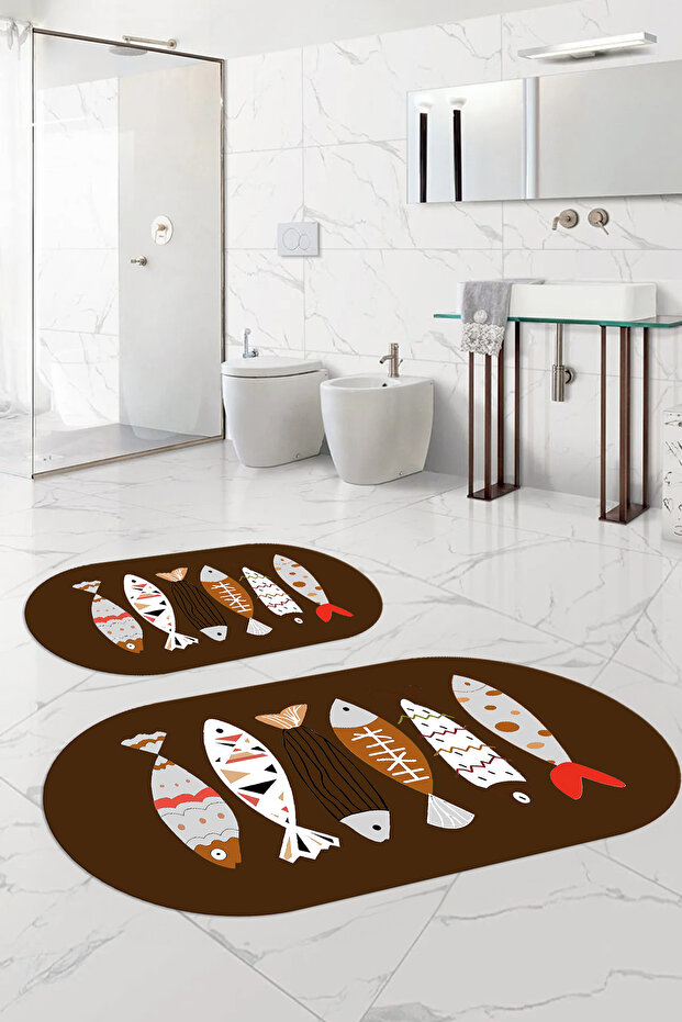 Digital Washable Colorful Fish Pattern Oval Bath Mat Toilet Set