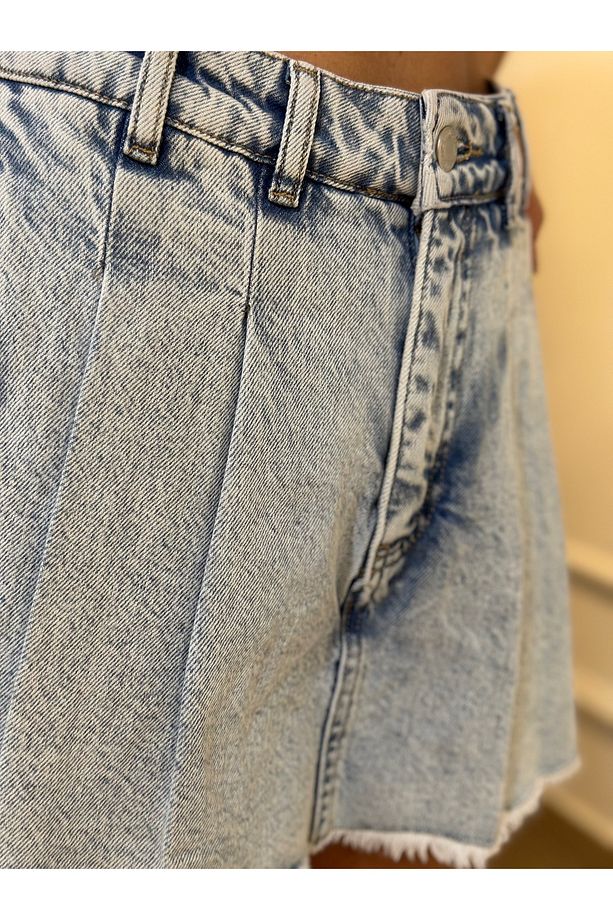 Pileli Denim Şort Etek - 2