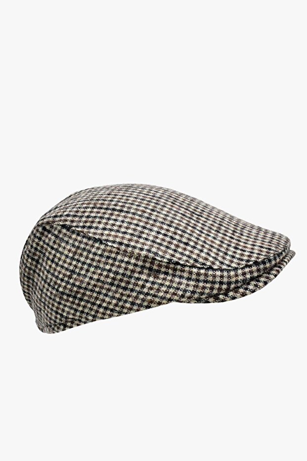 Micro Beige Patterned Lined Wool Cap Hat - 2