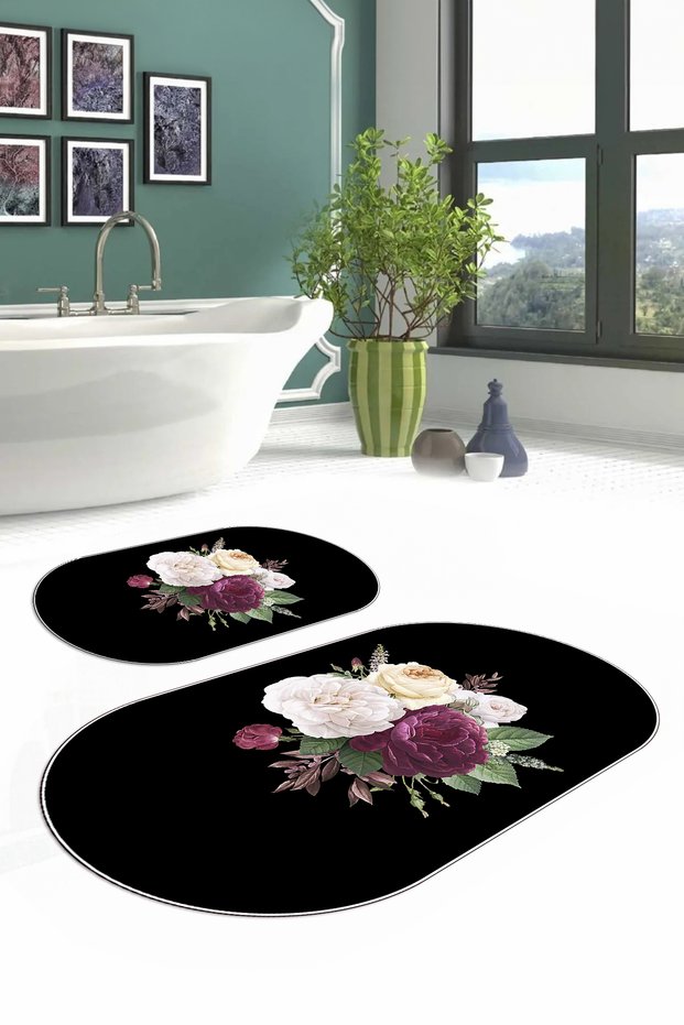 Digital Washable Non-Slip Base Floral Motif Oval Bath Mat Toilet Set
