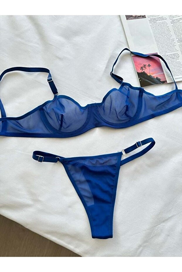 Underwire Transparent Tulle Bra Set - Blue