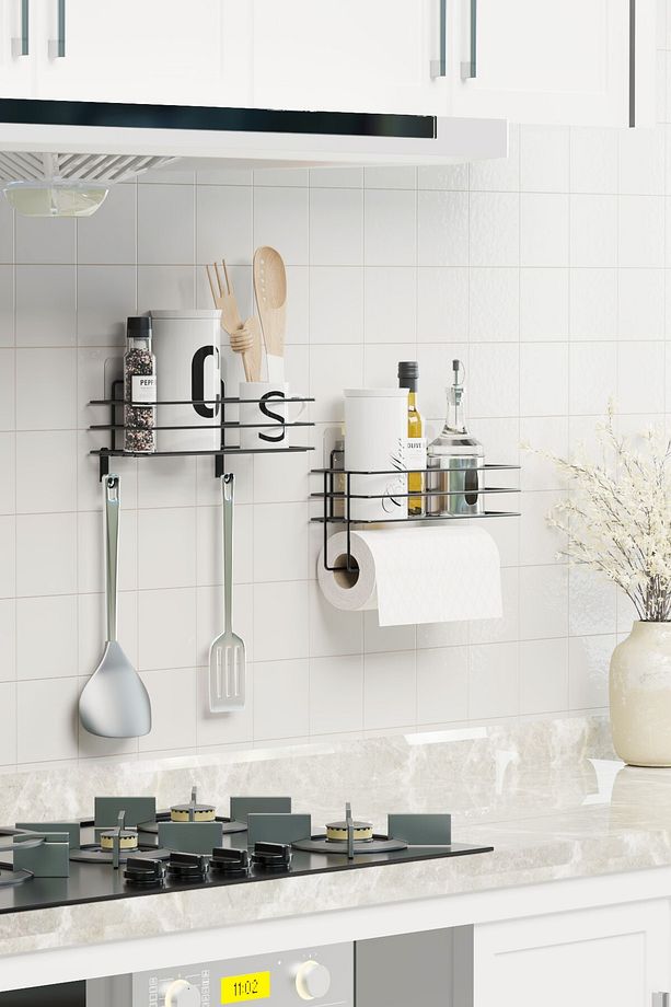 Yapışkanlı Mutfak Rafı 2 li Set Kağıt Havlu Askılı Mutfak Düzenleyici Siyah Organizer - 3