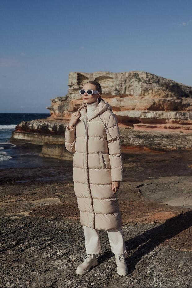 Hooded Zipper Closure Long Puffer Coat Stone 6667