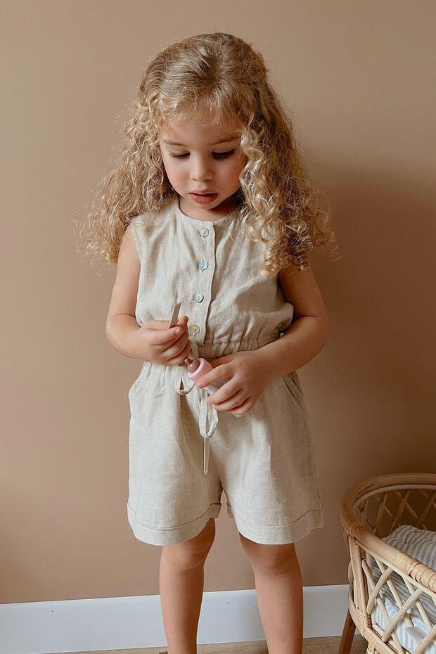 Beige Sarh Linen Sleeveless Front Buttoned Elastic Waist Girls' Shorts Jumpsuit Beige