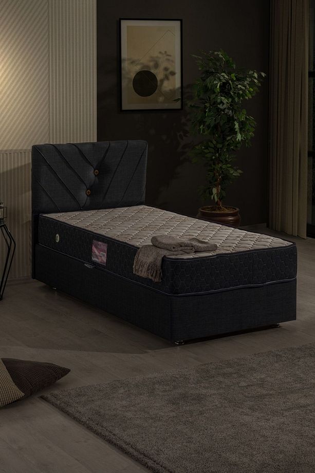 Lux Class Tek Kişilik Yandan Açılır Baza Başlık Deluxe Yatak Seti, Lacivert - 2