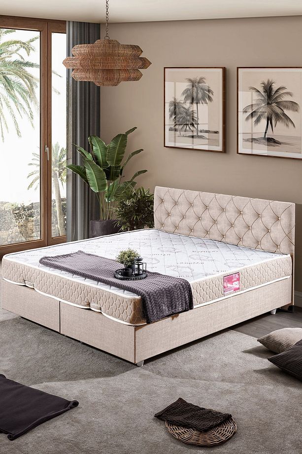 Eylül Çift Kişilik Baza Başlık Letto Yatak Seti, Krem - 1
