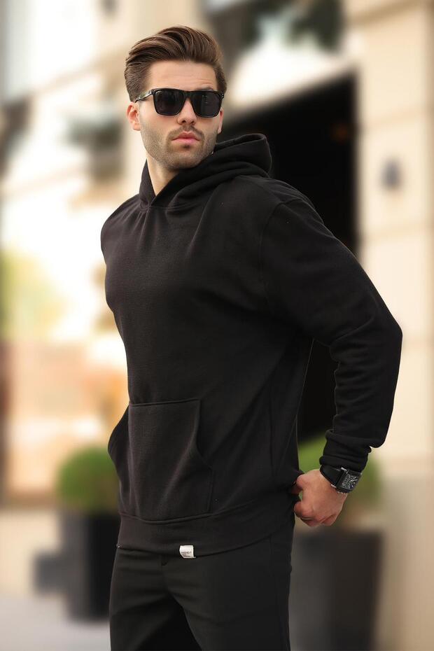 Black Hooded Pocket Detailed Sweatshirt 7095