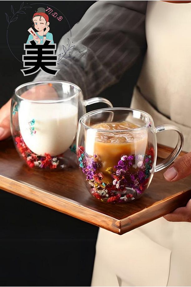 Borosilikat Çift Cidarlı Çiçekli Bardak 250ml Kahve Çay Soğuk Meşrubat Bardağı 1 Adet - 1