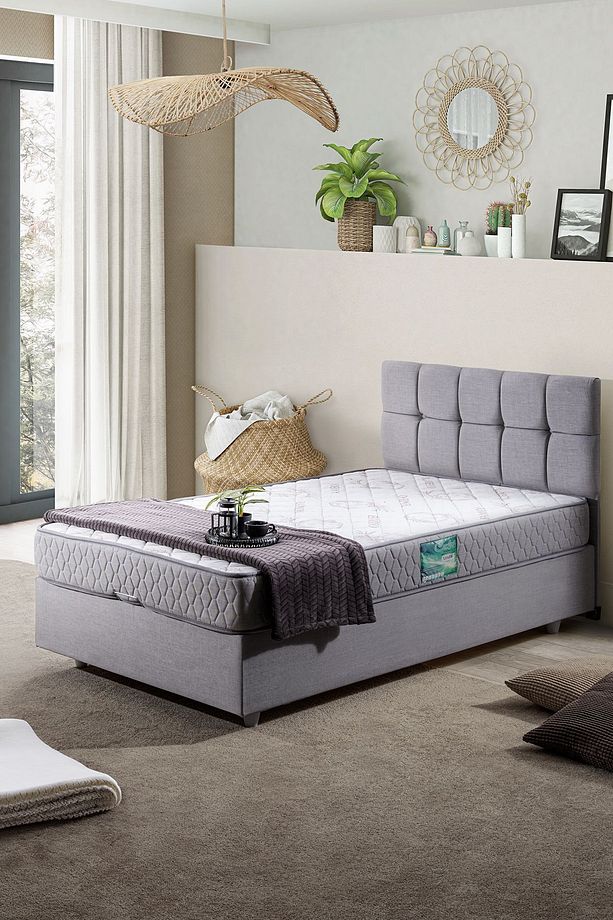 Berlin Tek Kişilik Baza Başlık Comfort Yatak Seti, Açık Gri - 1