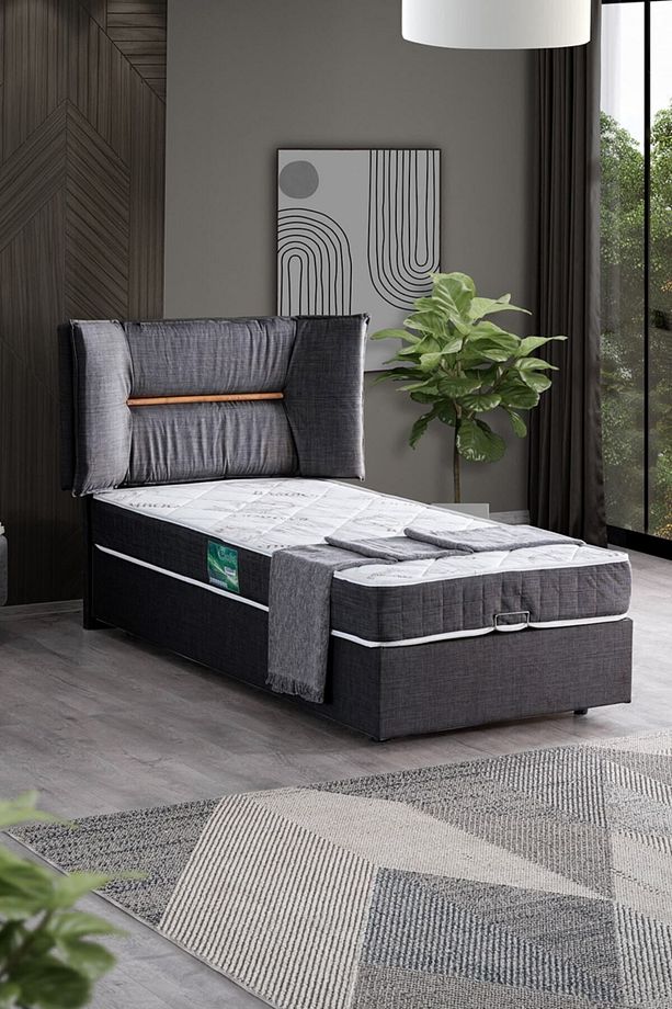 Lizbon Tek Kişilik Baza Başlık Comfort Yatak Seti, Antrasit - 2