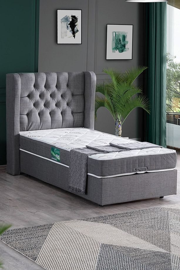Riga Tek Kişilik Baza Başlık Comfort Yatak Seti, Gri - 3