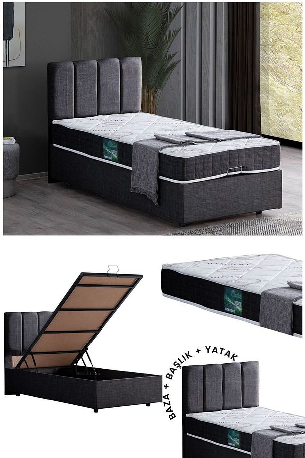 Defne Tek Kişilik Baza Başlık Comfort Yatak Seti, Antrasit - 1