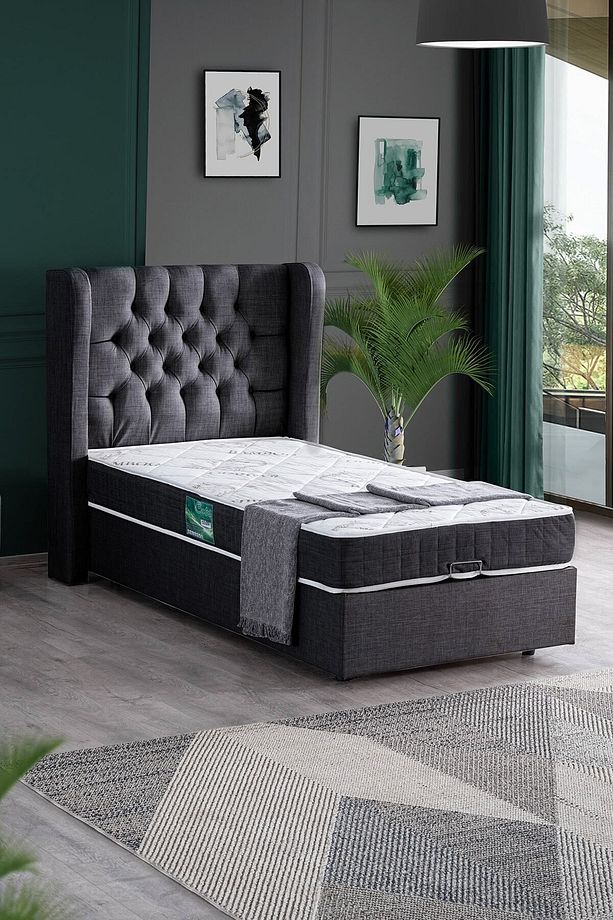Riga Tek Kişilik Baza Başlık Comfort Yatak Seti, Antrasit - 3