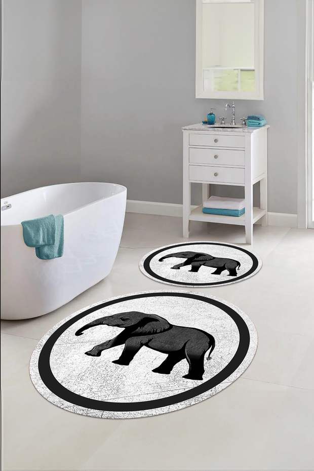 Printed Washable Non-Slip Base Round Bath Mat Toilet Set with Elephant Figure