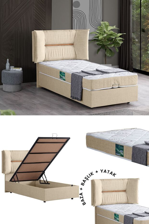Lizbon Tek Kişilik Baza Başlık Comfort Yatak Seti, Krem - 1