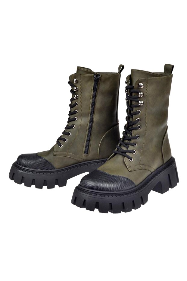 Kalın Tabanlı Postal Kadın Bot SMS-10108 HAKİ - 4