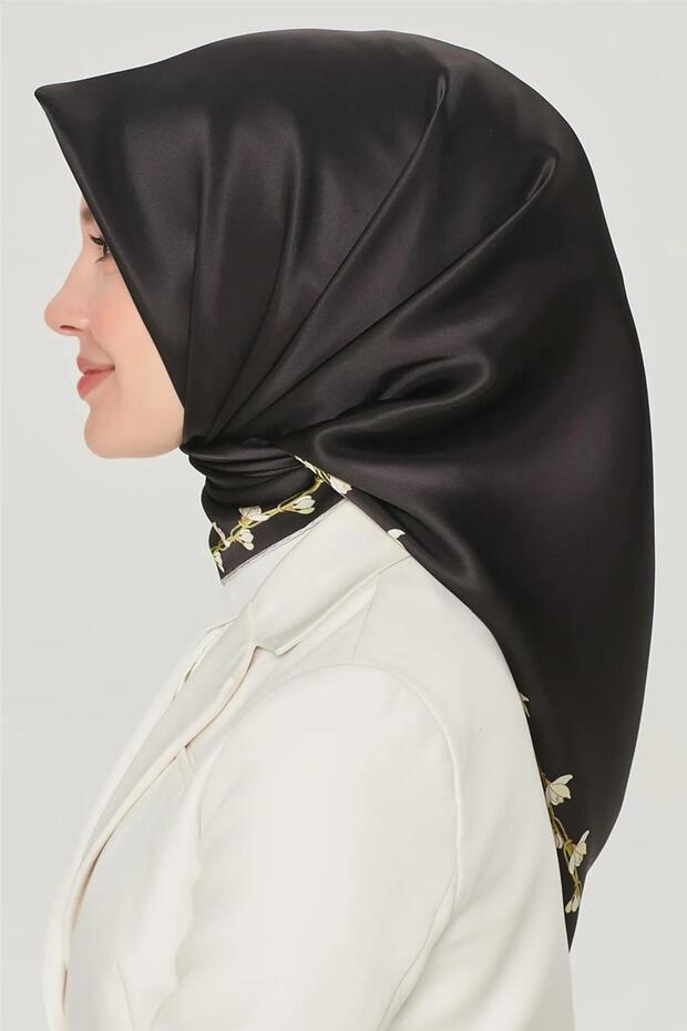 Nostalji Çiçek Desenli Tivil İpek Eşarp 8553-09 - 3